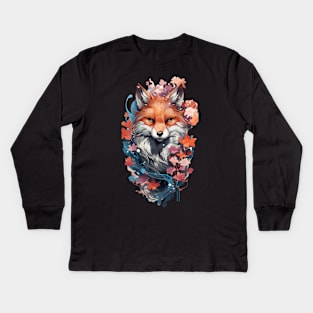 fox artwork with sakura flower Kids Long Sleeve T-Shirt